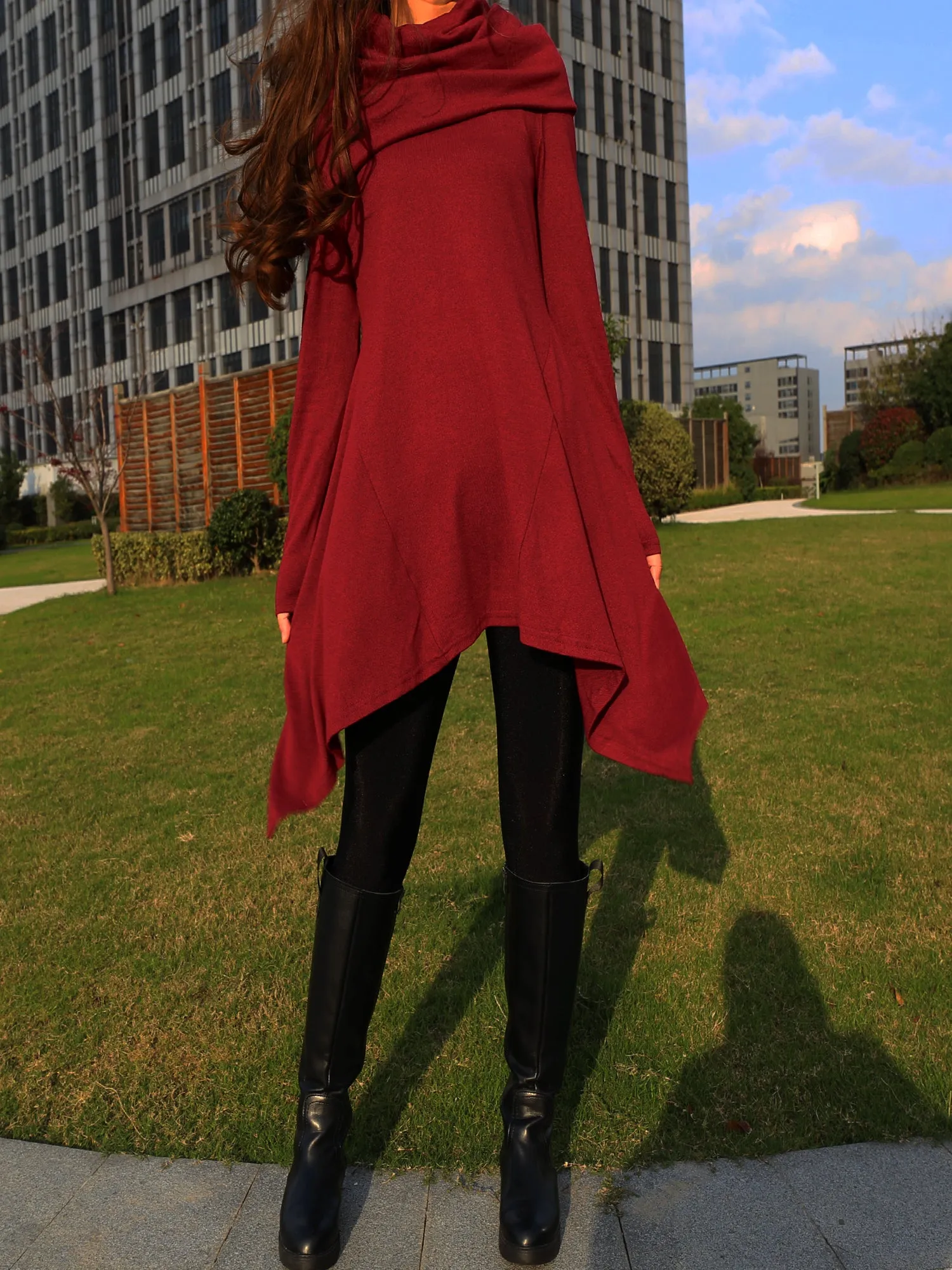 Women's shawl collar tunic dress/black red cotton dress/plus size sweater/oversized top/casual tunic top/maternity dress/asymmetrical shirt (Y1536)
