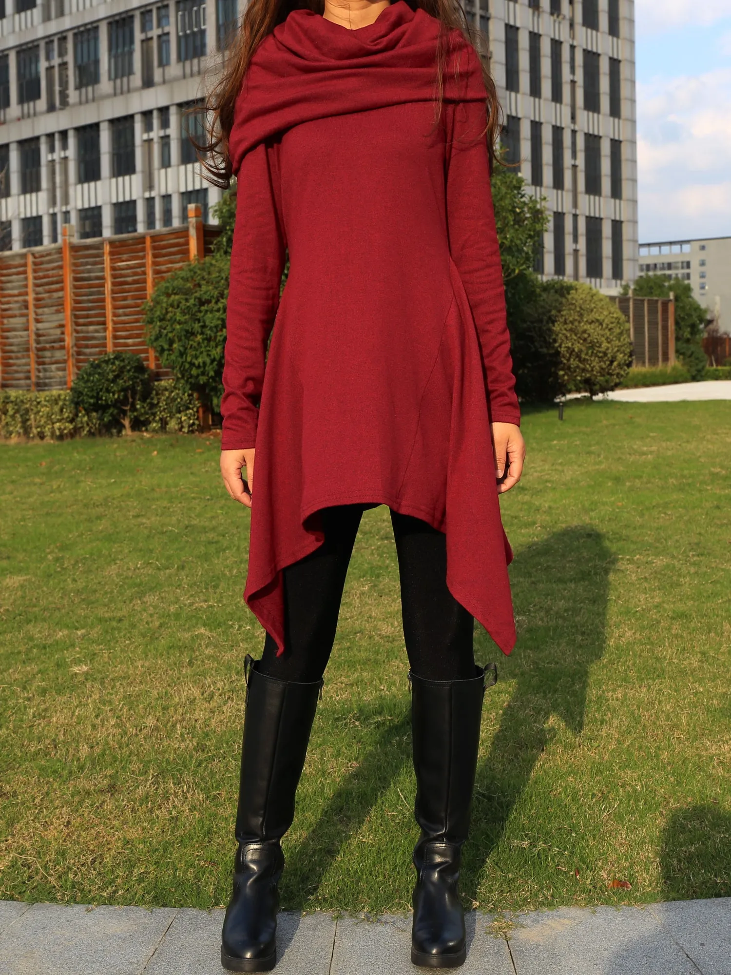 Women's shawl collar tunic dress/black red cotton dress/plus size sweater/oversized top/casual tunic top/maternity dress/asymmetrical shirt (Y1536)
