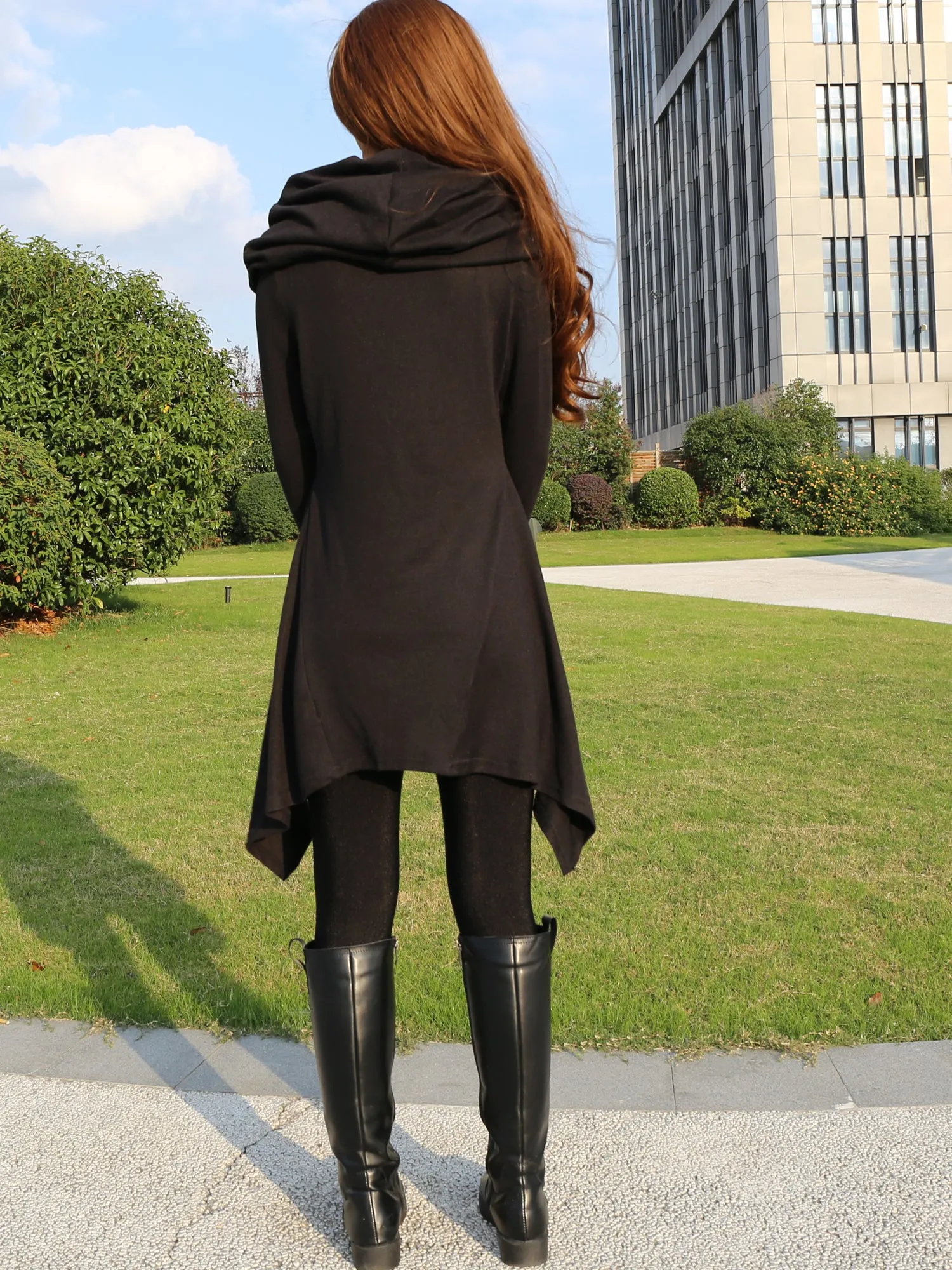 Women's shawl collar tunic dress/black red cotton dress/plus size sweater/oversized top/casual tunic top/maternity dress/asymmetrical shirt (Y1536)