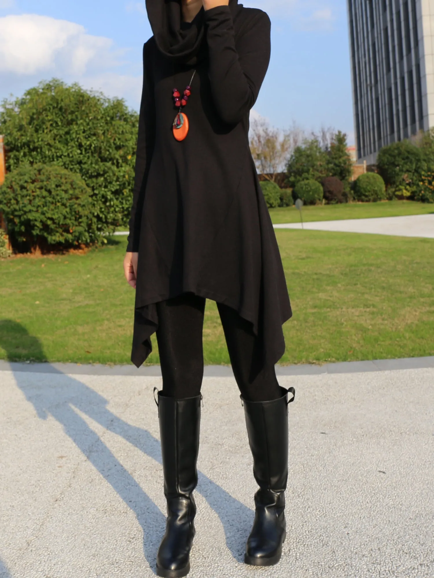 Women's shawl collar tunic dress/black red cotton dress/plus size sweater/oversized top/casual tunic top/maternity dress/asymmetrical shirt (Y1536)