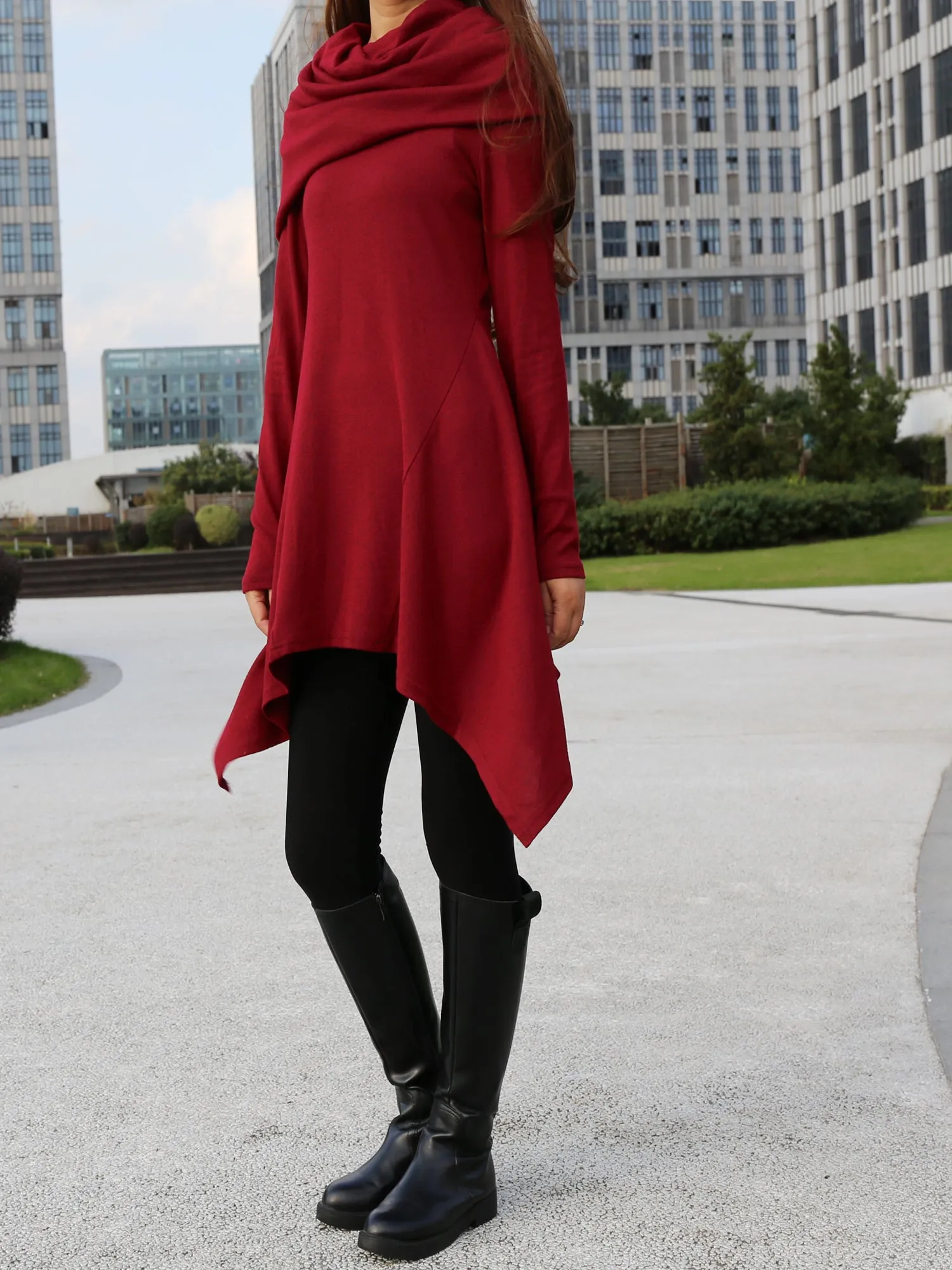 Women's shawl collar tunic dress/black red cotton dress/plus size sweater/oversized top/casual tunic top/maternity dress/asymmetrical shirt (Y1536)