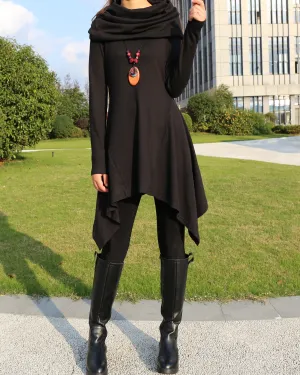 Women's shawl collar tunic dress/black red cotton dress/plus size sweater/oversized top/casual tunic top/maternity dress/asymmetrical shirt (Y1536)