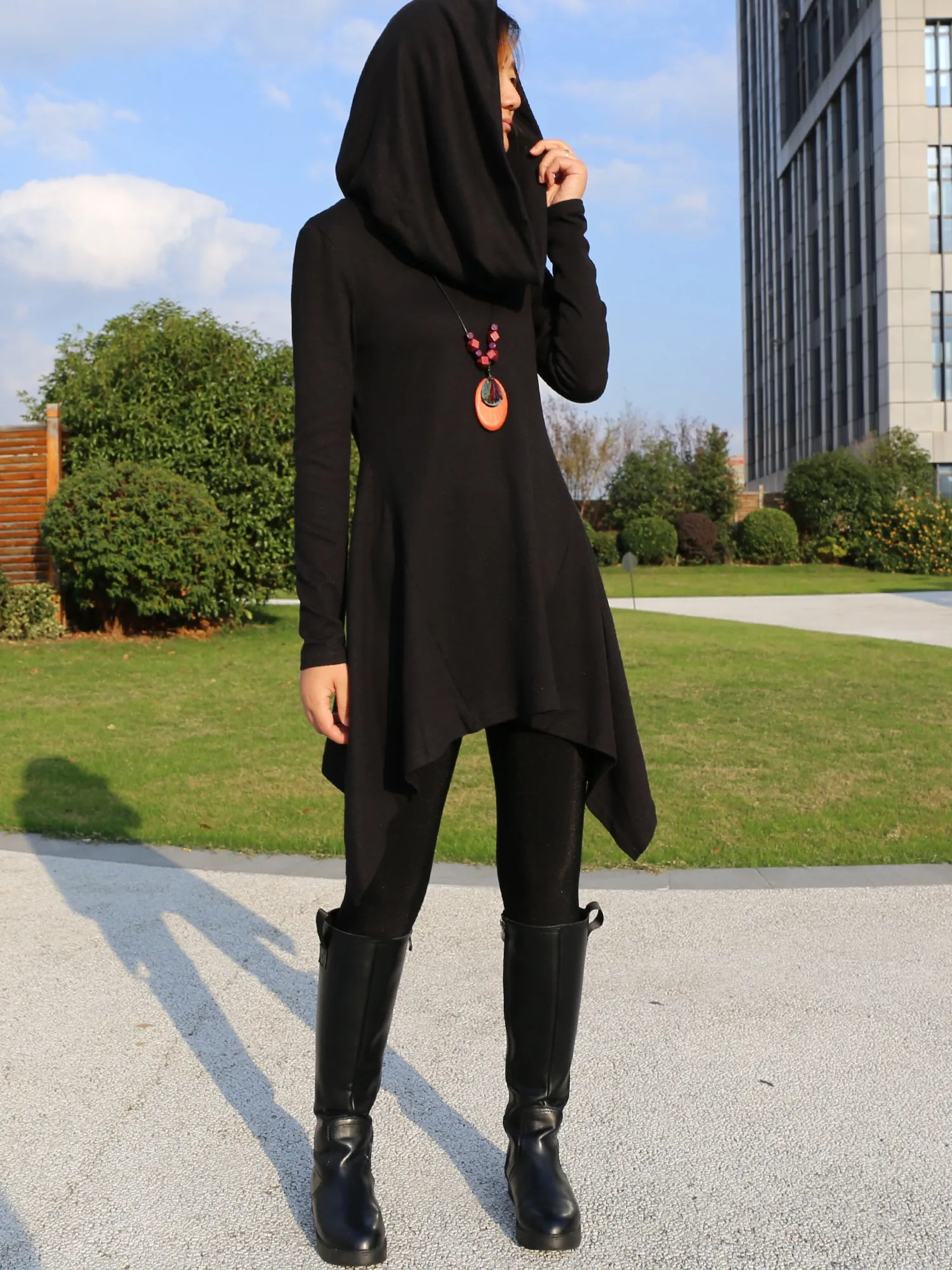 Women's shawl collar tunic dress/black red cotton dress/plus size sweater/oversized top/casual tunic top/maternity dress/asymmetrical shirt (Y1536)