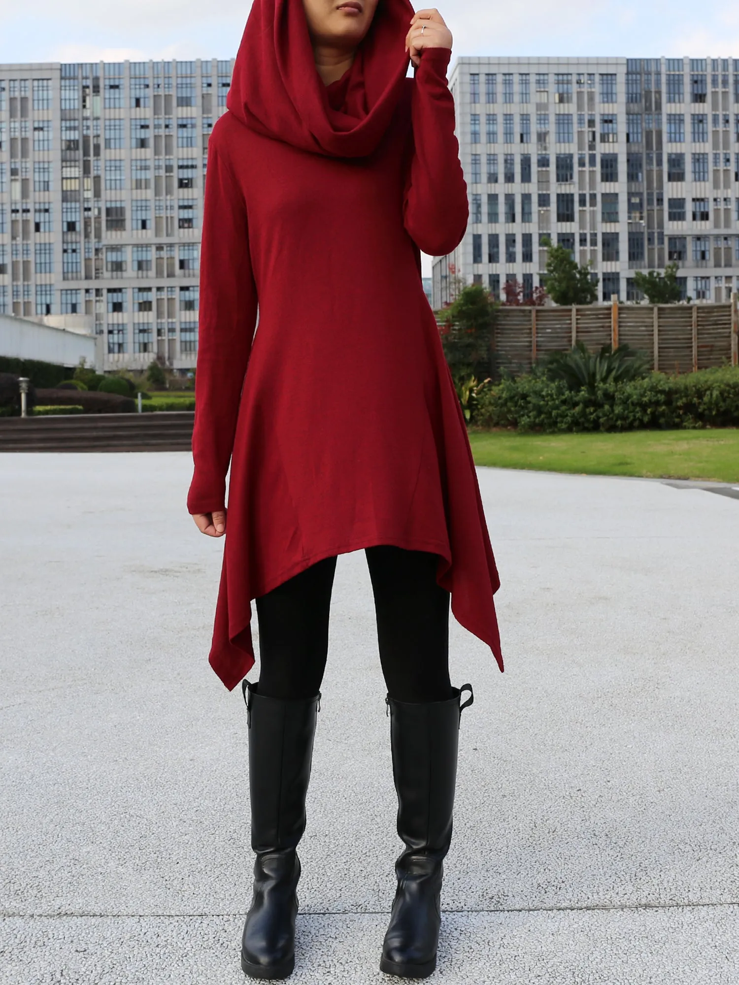 Women's shawl collar tunic dress/black red cotton dress/plus size sweater/oversized top/casual tunic top/maternity dress/asymmetrical shirt (Y1536)