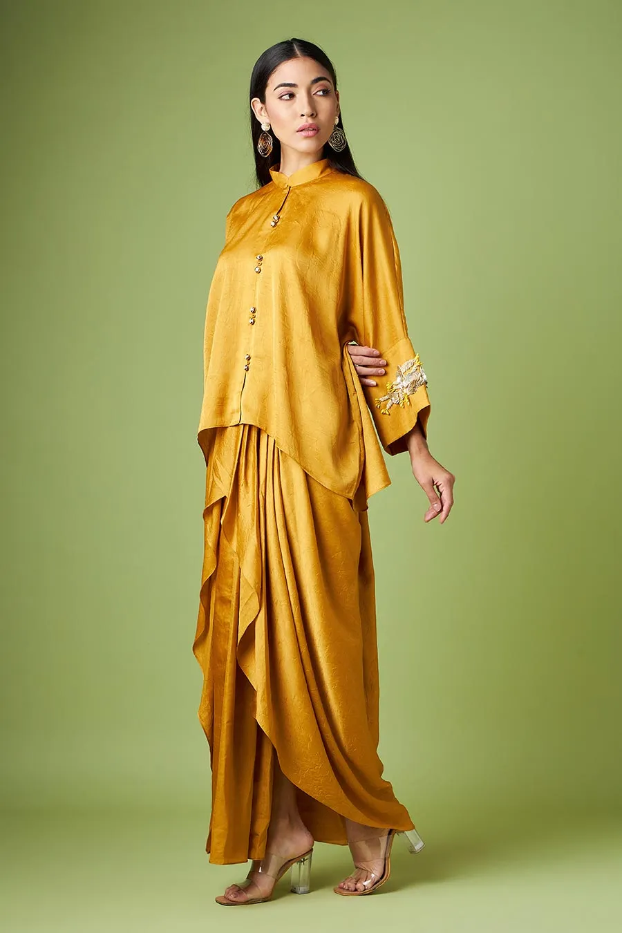 Yellow Kimono Kaftan & Drape Skirt Set